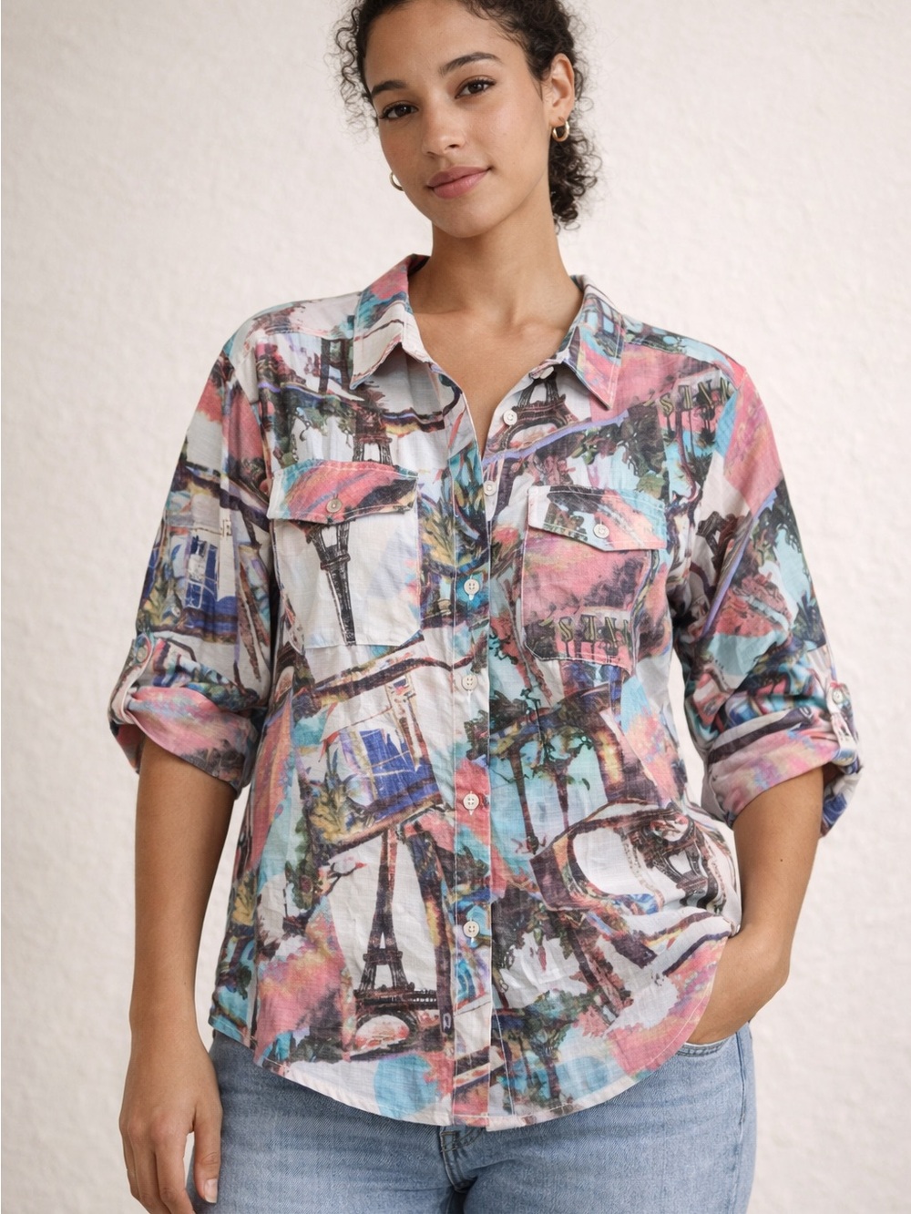 Printed Button-Front Blouse in Pink Multi